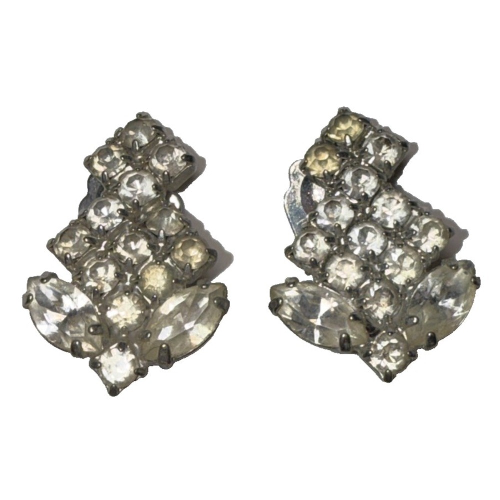 Rhinestone‎ Clip On Earrings Leaf Shape Vtg J-6M